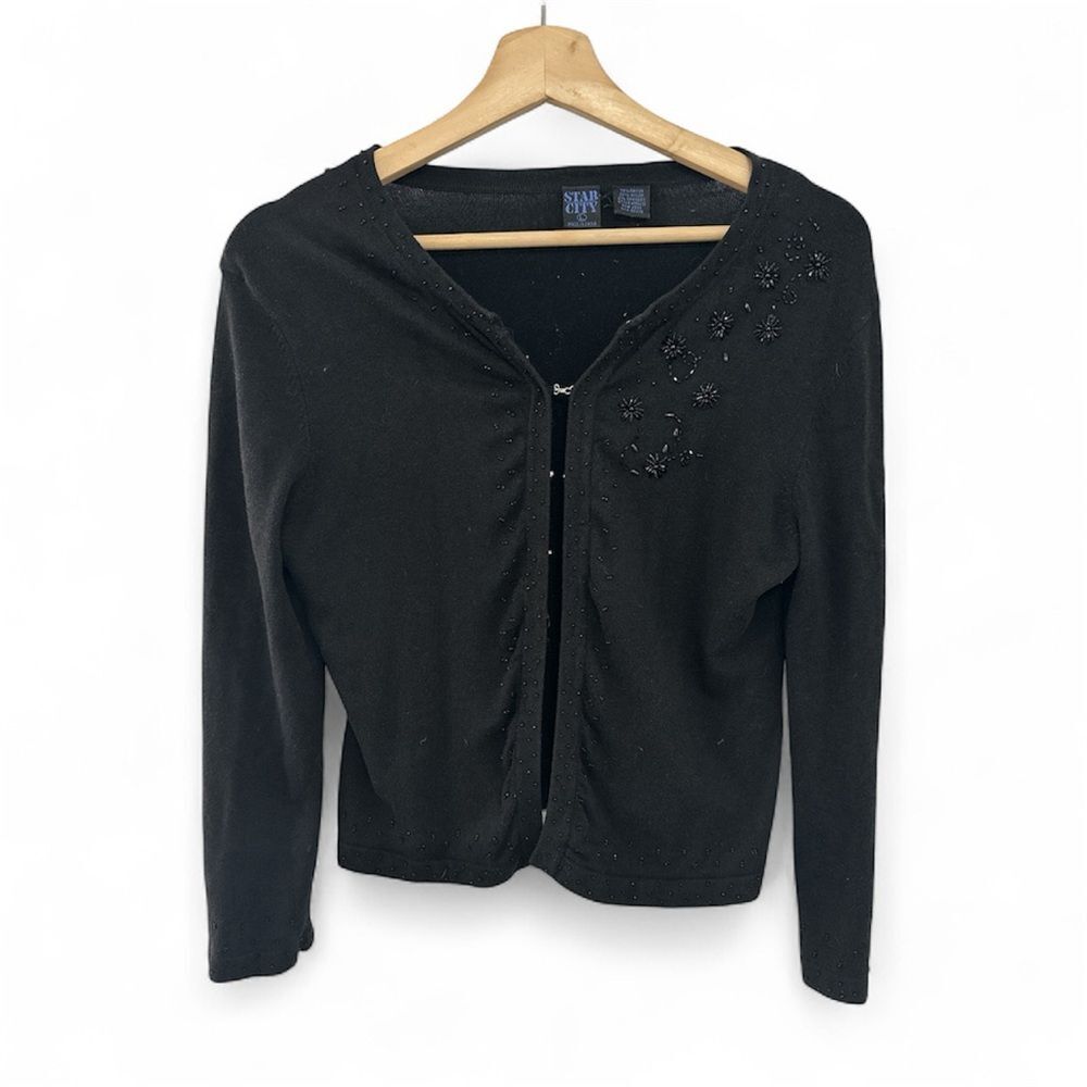 Vintage Star City Black Beaded Cardigan Sweater Medium 90s Y2K floral layer